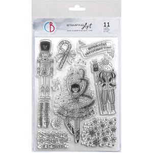 May include: Clear plastic package of 11 stamps with a Christmas theme. The stamps include a nutcracker, a candy cane, a ballerina, and text that reads "Wonderful Christmas Time" and "On Christmas Eve Who Knows What Might Happen."