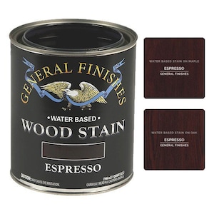 May include: A can of General Finishes Espresso Wood Stain. The can is black with a gold eagle logo and the text "Water Based Wood Stain" and "Espresso".
