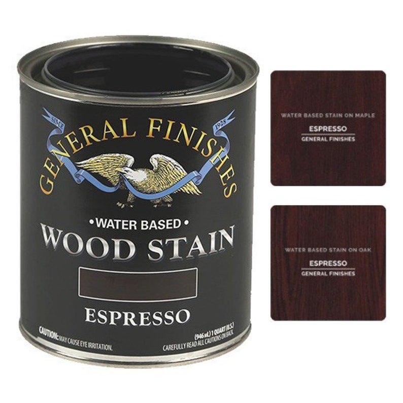 May include: A can of General Finishes Espresso Wood Stain. The can is black with a gold eagle logo and the text "Water Based Wood Stain" and "Espresso".