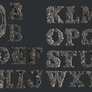 May include: A complete set of alphabet letters from A to Z, rendered in a dark metallic gray finish. Each letter features an intricate, three-dimensional relief design composed of dense floral patterns, leaves, and ornate scrollwork details.