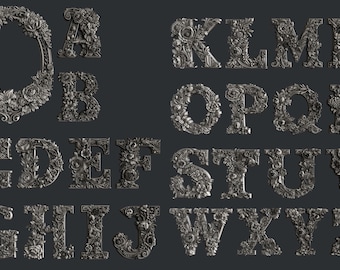 May include: A complete set of alphabet letters from A to Z, rendered in a dark metallic gray finish. Each letter features an intricate, three-dimensional relief design composed of dense floral patterns, leaves, and ornate scrollwork details.