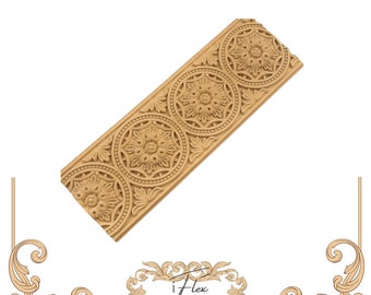 May include: A rectangular, light-brown wood molding with a repeating circular floral pattern. The molding features the text "IFW3080" at the top. The product is from "iFlex Wood Products".