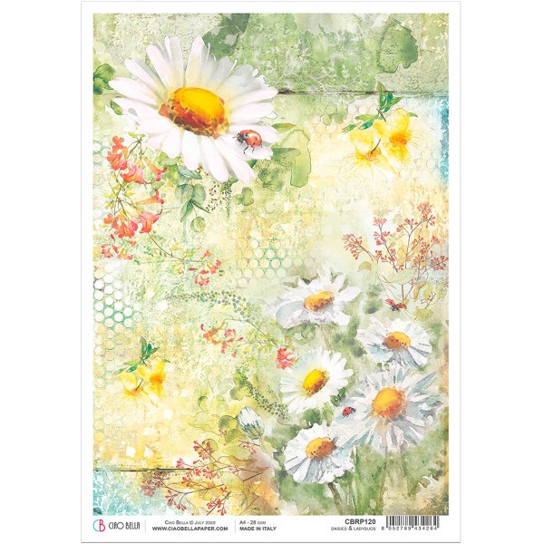 A4 Daisies & Ladybugs Decoupage A4 Piuma Rice Paper for crafts, furniture and mixed media Microcosmos Collection CBRP120