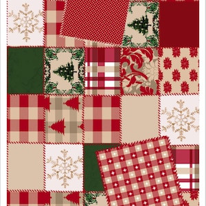 May include: A digital paper design featuring a patchwork quilt pattern with a Christmas theme. The quilt is made up of various red, green, and beige squares with different patterns, including snowflakes, Christmas trees, and plaid. The text "DD00040 CABIN CHRISTMAS QUILT" is printed at the bottom of the design.
