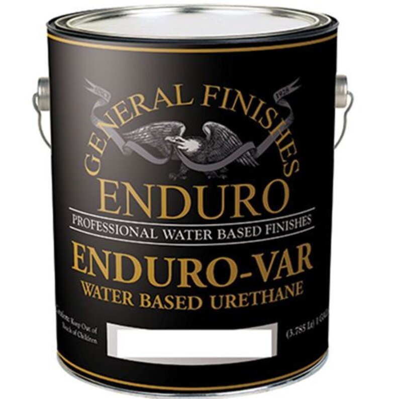 May include: A black and gold can of General Finishes Enduro-Var water-based urethane. The can has a label with the company logo and the product name. The can is 3.785 liters.