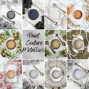 May include: A collage of nine images showcasing metallic paint colors. Each image features a small sample of paint in a dish, surrounded by decorative elements like pearls, flowers, and antique frames. The text "Paint Couture Metallics" is displayed in the center.