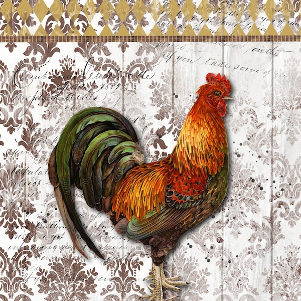 A3 Tuscan Roost Rooster Decoupage Digital Deco Designs A3 Rice Paper for crafts, furniture and mixed media, Junk Journals, Farm Decoupage