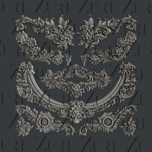 May include: A collection of ornate, silver-colored architectural elements. The designs feature floral and scroll patterns, with a variety of shapes including curved, rectangular, and circular forms. The pieces are arranged against a dark gray background.
