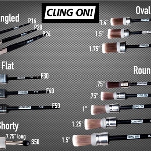 May include: A set of paint brushes in various sizes and shapes, including angled, flat, oval, and round. The brushes are labeled with their size and shape, and the brand name "CLING ON!" is printed on the handles.