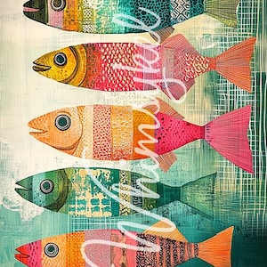 21x29" Large Decoupage Tissue Paper, Fish Fables Bright Decoupage Whimsykel Designs, 18lb paper, DIY furniture, canvas art, mixed media