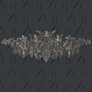 May include: A decorative, ornate, silver-colored metal wall decor featuring three cherubs and floral motifs.