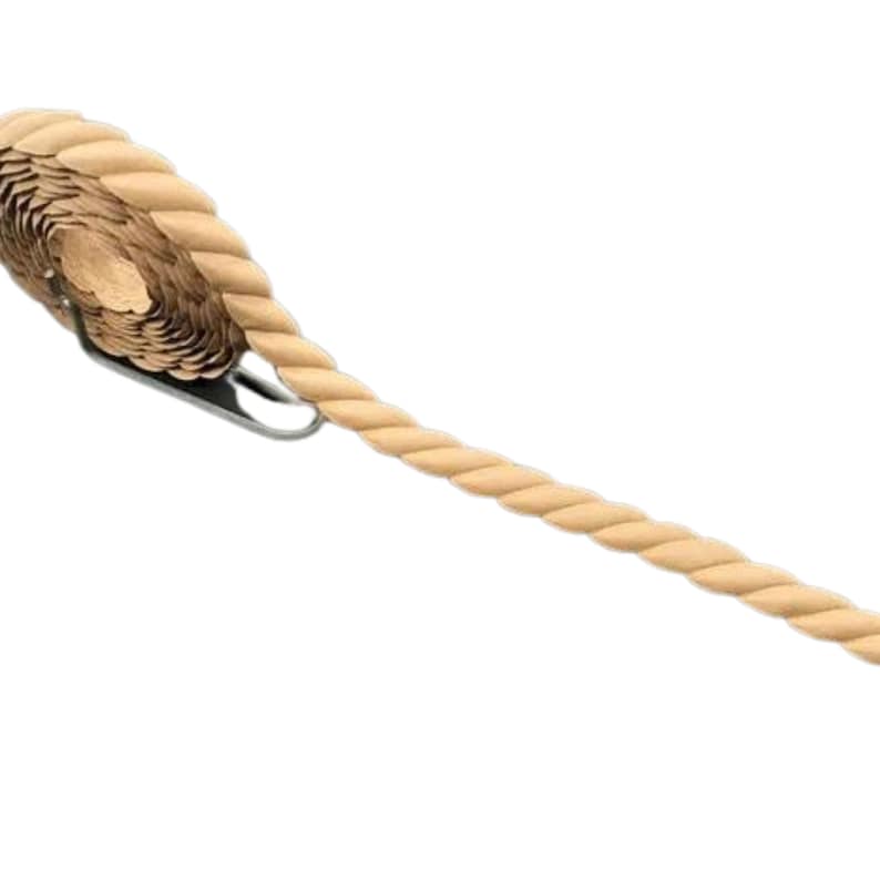 May include: A long, beige rope coiled up with a metal clip at the end.