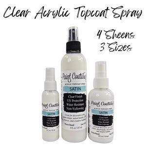 May include: Three bottles of Paint Couture Clear Acrylic Topcoat Spray in various sizes. The bottles are white with black and blue labels, and the text on the bottles includes "Satin", "UV Protection", and "Water Resistant". The image also includes the text "4 Sheens 3 Sizes".