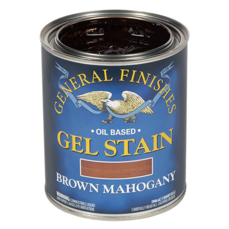 May include: A can of General Finishes Gel Stain in Brown Mahogany. The can is blue with a gold eagle logo and the text "Oil Based" and "Gel Stain".