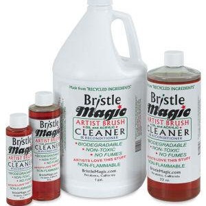 May include: Four bottles of Bristle Magic Artist Brush Cleaner and Conditioner in various sizes. The bottles are made from recycled ingredients and are biodegradable, non-toxic, and non-flammable. The text on the bottles reads "Bristle Magic Artist Brush Cleaner and Conditioner. Biodegradable, Non-Toxic, No Fumes. Artists Love This Stuff. Non-Flammable. BristleMagic.com."