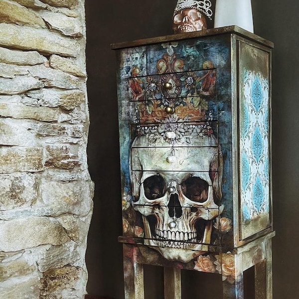 Papel de seda grande para decoupage de 53 x 73 cm, diseño de calavera de Whimsykel Designs, 8 kg, para decorar muebles y lienzos.