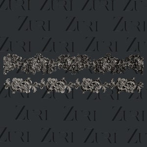 May include: Two ornate silver-colored metal decorative borders with floral designs. The borders are separated by a dark gray background.