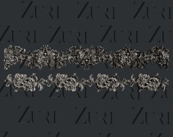 May include: Two ornate silver-colored metal decorative borders with floral designs. The borders are separated by a dark gray background.