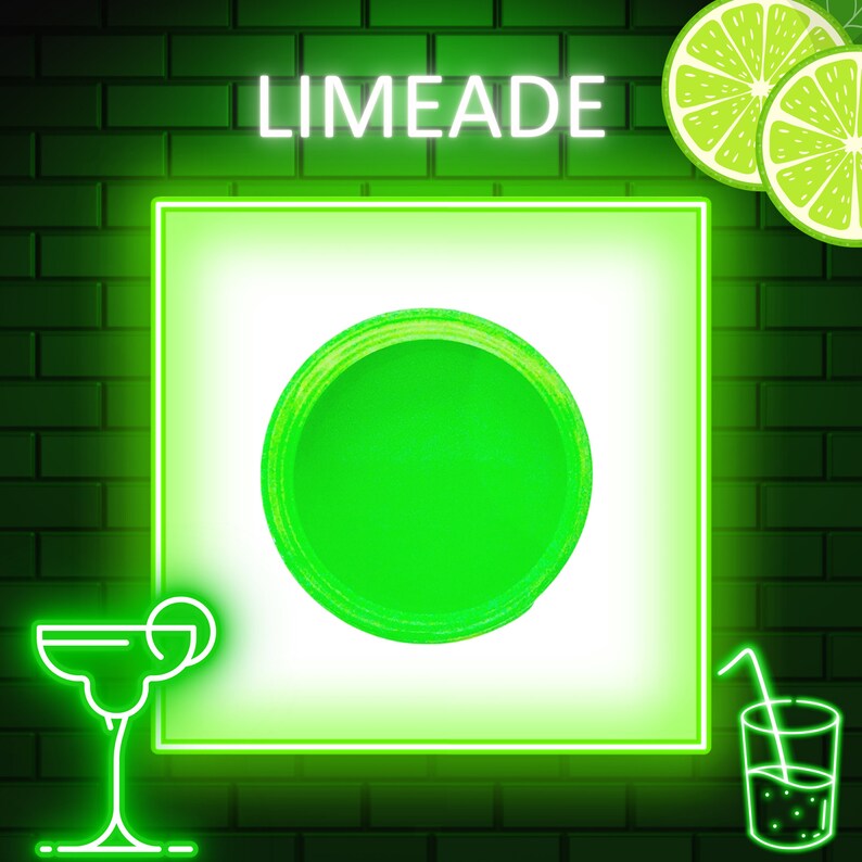 May include: Neon sign with the word "Limeade" in green letters. A green circle is in the center of a white square with a neon green border. A green glass of limeade with a straw and a green margarita glass with a lime wedge are on either side of the square.