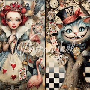 May include: A whimsical illustration featuring characters from Alice in Wonderland. The Queen of Hearts is depicted with a crown and playing cards, alongside the Cheshire Cat with a mischievous grin. The artwork has a vintage, storybook style.