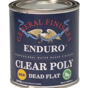 May include: A blue can of General Finishes Enduro Clear Poly Dead Flat water-based finish. The can is labeled with the company logo, product name, and size: 1 quart (946 ml).