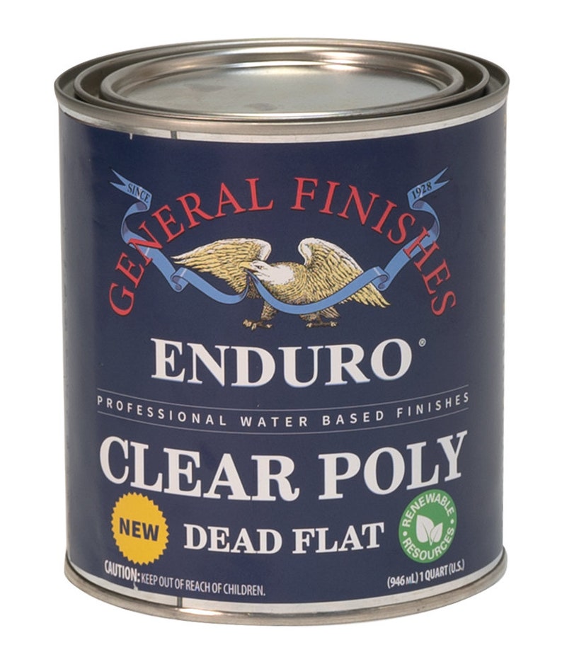 May include: A blue can of General Finishes Enduro Clear Poly Dead Flat water-based finish. The can is labeled with the company logo, product name, and size: 1 quart (946 ml).