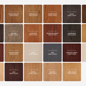 May include: A chart of 36 wood stain colors on maple wood. The colors are arranged in rows and columns. The colors include brown, gray, black, white, red, and yellow.