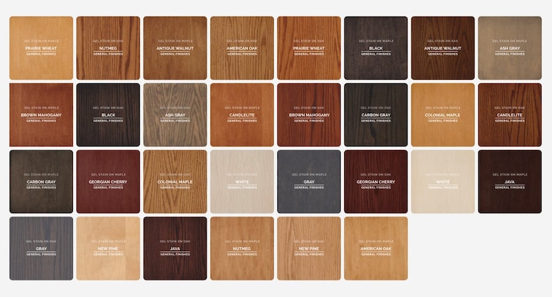 May include: A chart of 36 wood stain colors on maple wood. The colors are arranged in rows and columns. The colors include brown, gray, black, white, red, and yellow.