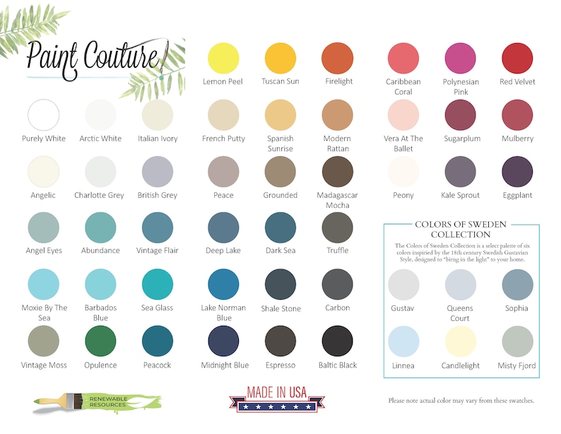 May include: A chart of 60 paint colours organised in rows and columns. The chart is titled "Paint Couture" and includes the "Colors of Sweden Collection". The colours are named with descriptive names like "Lemon Peel", "Tuscan Sun", "Firelight", "Caribbean Coral", "Polynesian Pink", "Red Velvet", "Purely White", "Arctic White", "Italian Ivory", "French Putty", "Spanish Sunrise", "Modern Rattan", "Vera At The Ballet", "Sugarplum", "Mulberry", "Angelic", "Charlotte Grey", "British Grey", "Peace", "Grounded", "Madagascar Mocha", "Peony", "Kale Sprout", "Eggplant", "Angel Eyes", "Abundance", "Vintage Flair", "Deep Lake", "Dark Sea", "Truffle", "Moxie By The Sea", "Barbados Blue", "Sea Glass", "Lake Norman Blue", "Shale Stone", "Carbon", "Gustav", "Queens Court", "Sophia", "Vintage Moss", "Opulence", "Peacock", "Midnight Blue", "Espresso", "Baltic Black", "Linnea", "Candlelight", "Misty Fjord".