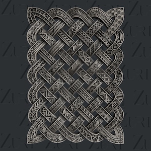 May include: A detailed, intricate, silver-colored Celtic knot design with a woven pattern. The knot is made up of multiple interwoven strands, creating a complex and visually appealing design.