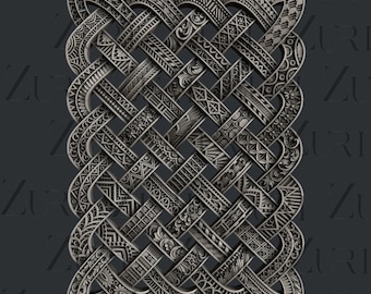 May include: A detailed, intricate, silver-colored Celtic knot design with a woven pattern. The knot is made up of multiple interwoven strands, creating a complex and visually appealing design.