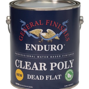 May include: A blue can of General Finishes Enduro Clear Poly Dead Flat water-based finish. The can is labeled with the company logo, product name, and size: (3.785 L) 1 GALLON (US).
