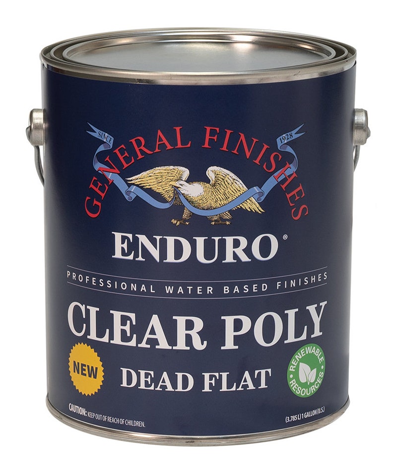 May include: A blue can of General Finishes Enduro Clear Poly Dead Flat water-based finish. The can is labeled with the company logo, product name, and size: (3.785 L) 1 GALLON (US).
