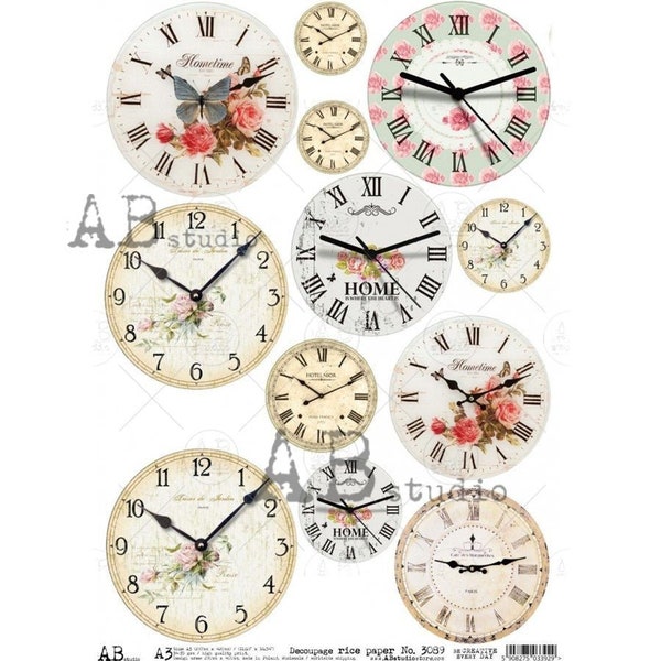 Clock Medallions Decoupage AB Studio A3 Decoupage Rice Paper for collage, DIY craft, mixed media, junk journal, card making, Easter No 3089