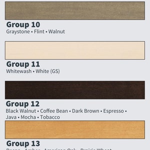 May include: A chart showing 15 different wood stain colors grouped by color family. The groups are labeled "Group 8" through "Group 15". Each group lists the color names for the stains in that group.