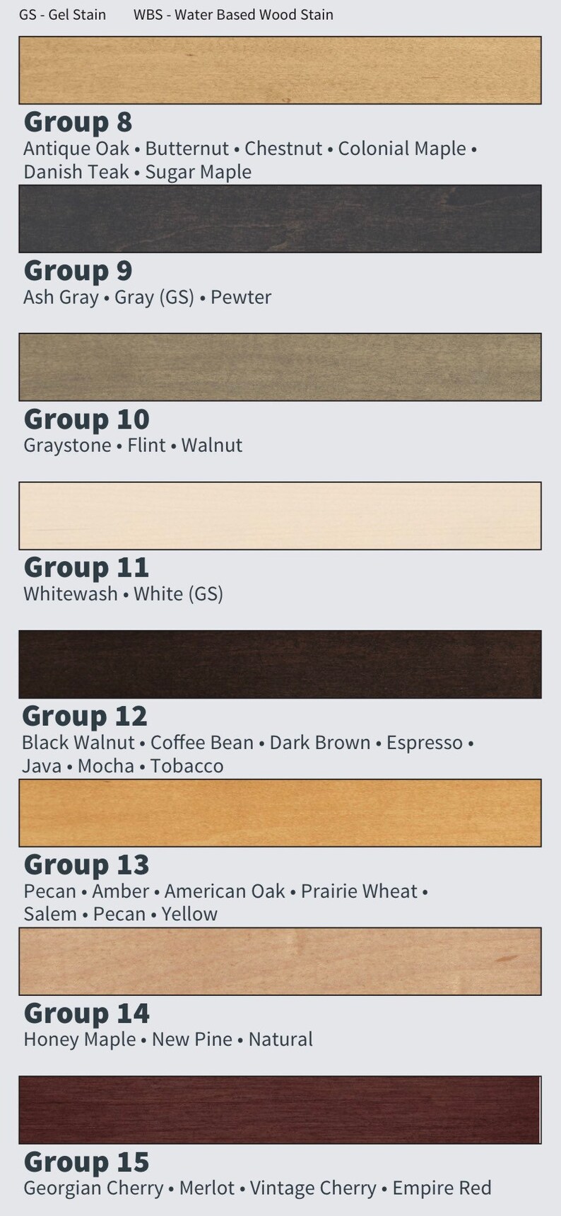 May include: A chart showing 15 different wood stain colors grouped by color family. The groups are labeled "Group 8" through "Group 15". Each group lists the color names for the stains in that group.