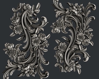 May include: Two ornate silver-toned metal floral designs with intricate scrollwork and floral motifs. The designs are symmetrical and feature a variety of flowers and leaves.