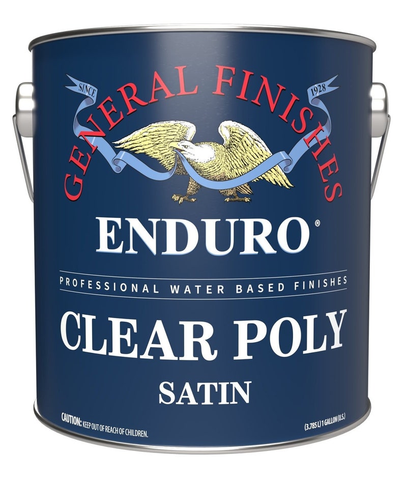 May include: A blue paint can with a white label. The label says "General Finishes" with a logo of an eagle and the words "Enduro", "Professional Water Based Finishes", "Clear Poly", and "Satin". The can is 1 gallon.