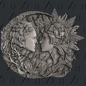 May include: A detailed, 3D relief sculpture of a man and woman's faces, intertwined with floral and leafy designs. The sculpture is in a circular shape and appears to be made of metal.