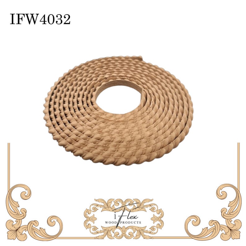 May include: A close-up of a brown, coiled wooden trim with a decorative, textured pattern. The trim is labeled "IFW4032".