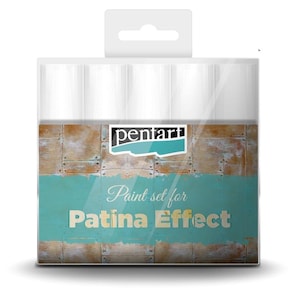 May include: A clear plastic package containing a set of paint tubes for creating a patina effect. The package has a blue and white label with the text "pentart Paint set for Patina Effect".