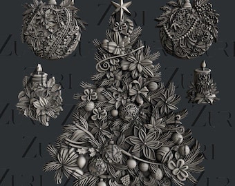 May include: A set of dark gray silicone molds featuring a central Christmas tree design adorned with flowers, bows, and ornaments, flanked by two round baubles and two pillar candles, all decorated with intricate botanical and festive patterns.