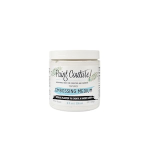 May include: A white jar of Paint Couture Embossing Medium, an acrylic plaster to create a raised look. The jar is labeled with the brand name, product name, and instructions for use. It is water-based and contains 8 fluid ounces (236 ml).