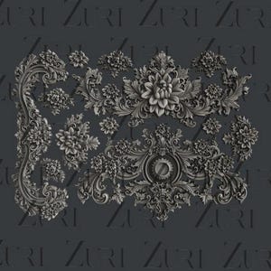 May include: A collection of ornate, gray floral and scrollwork decorative elements. The design includes large central flower motifs, smaller blossoms, and intricate leaf patterns. The elements are arranged on a dark gray background.