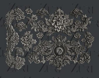 May include: A collection of ornate, gray floral and scrollwork decorative elements. The design includes large central flower motifs, smaller blossoms, and intricate leaf patterns. The elements are arranged on a dark gray background.