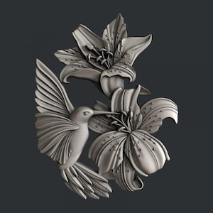 May include: A 3D relief sculpture of a hummingbird in flight, with its beak extended towards a lily flower. The sculpture is made of a smooth, gray material and has a detailed, realistic design.