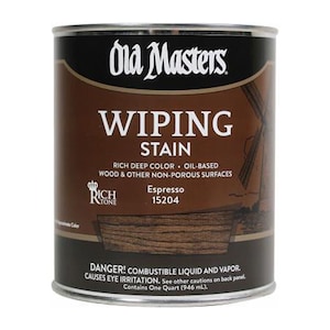 May include: A can of Old Masters Wiping Stain in Espresso color. The can is labeled with the product name, color, and a warning about the flammable nature of the product. It contains one quart (946 ml).