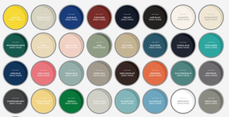 May include: A color chart with 40 paint colors in round containers. The colors are arranged in rows of four. The colors include shades of green, blue, gray, red, yellow, and brown.