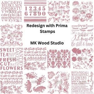 May include: A collage of pink rubber stamps featuring various designs, including floral patterns, butterflies, numbers, letters, and inspirational quotes. The text "Redesign with Prima Stamps" and "MK Wood Studio" are also included.