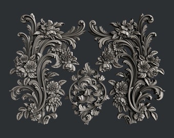 May include: A silver-colored, ornate, 3D floral design with intricate details. The design features a central motif with two symmetrical, scrolling floral patterns on either side.